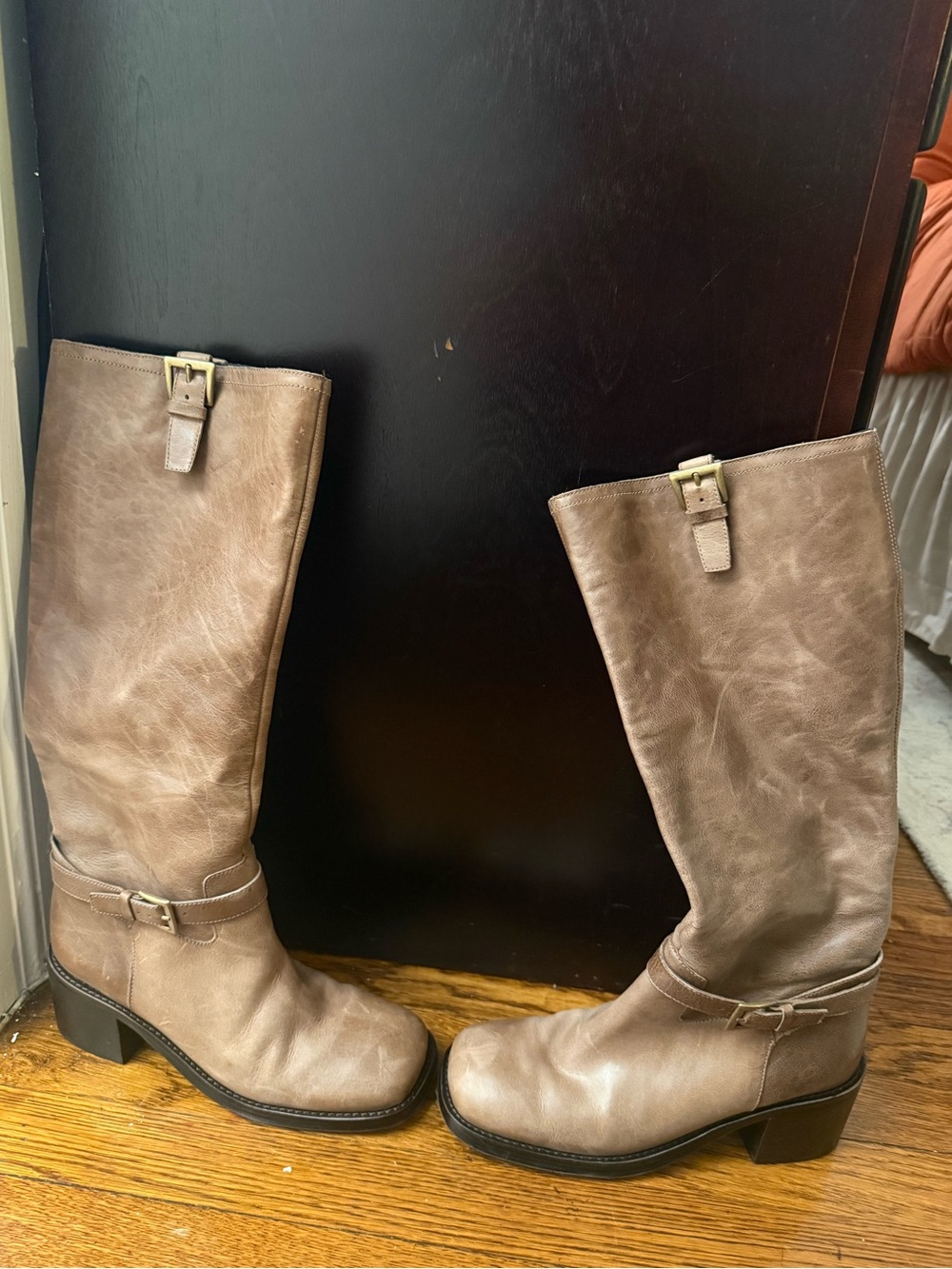 Anthropologie Taupe Leather Mid-Calf Buckle Boots